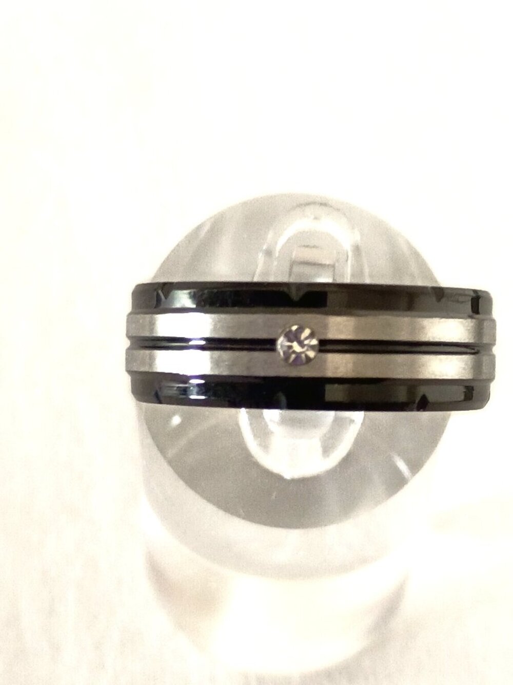 Size 11 Black & Silver Stainless Steel Wedding Band w/Gemstone Accent